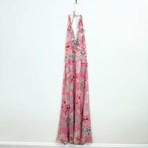 Vintage Kay Unger Silk Ruffle Halter Maxi Dress Pink Floral Y2K
